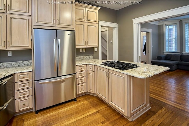 kitchen featuring a peninsula, light stone countertops, light wood-type flooring, and stainless steel appliances