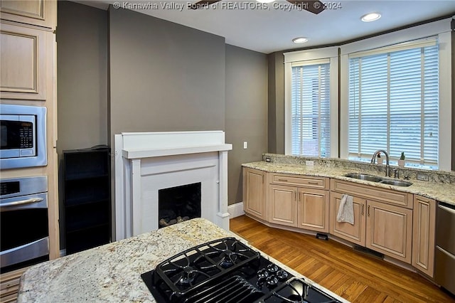 kitchen with a sink, light stone countertops, appliances with stainless steel finishes, a fireplace, and dark wood-style flooring