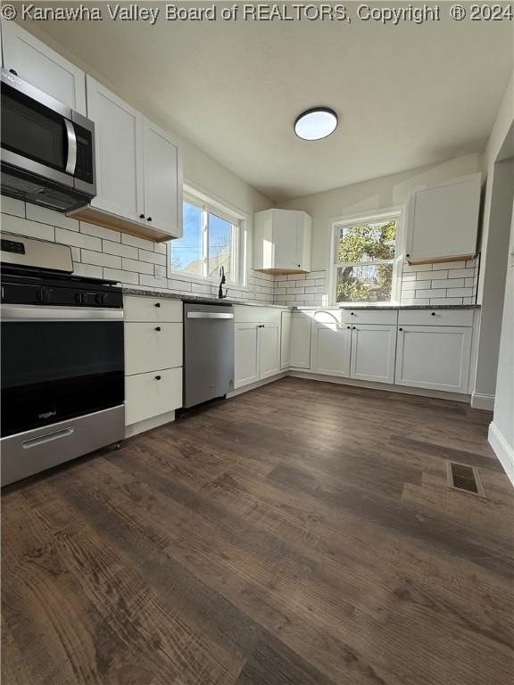 kitchen featuring plenty of natural light, white cabinetry, stainless steel appliances, and tasteful backsplash