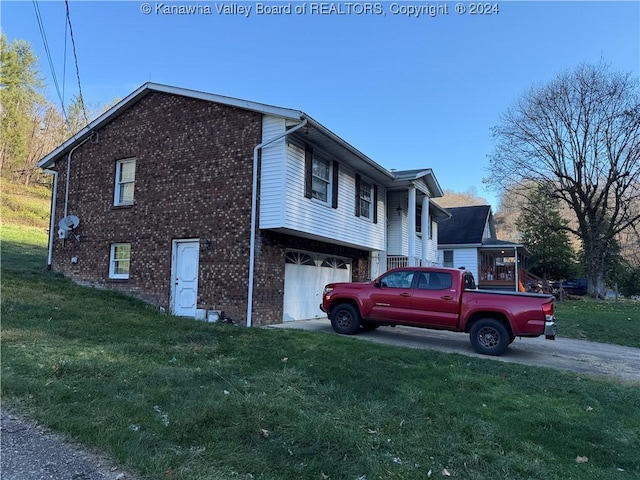 view of property exterior with a lawn and a garage