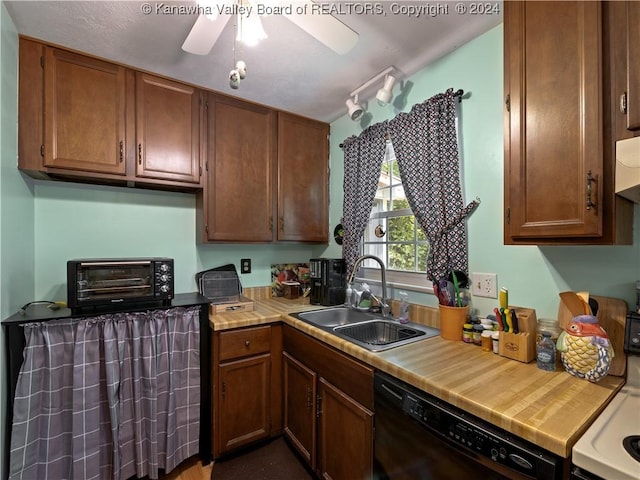 kitchen with black dishwasher, ceiling fan, and sink