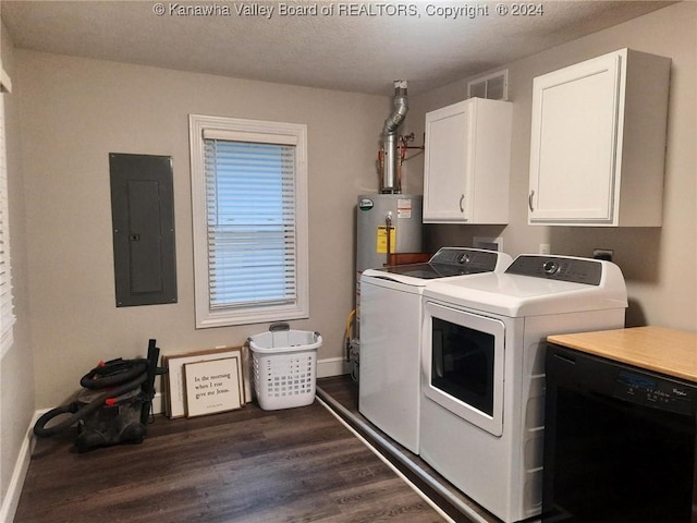 washroom featuring cabinets, a textured ceiling, dark wood-type flooring, washing machine and clothes dryer, and electric panel