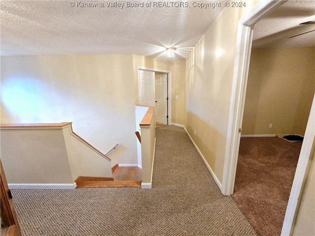 hall featuring carpet and a textured ceiling