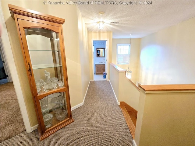 hallway with carpet flooring and a textured ceiling