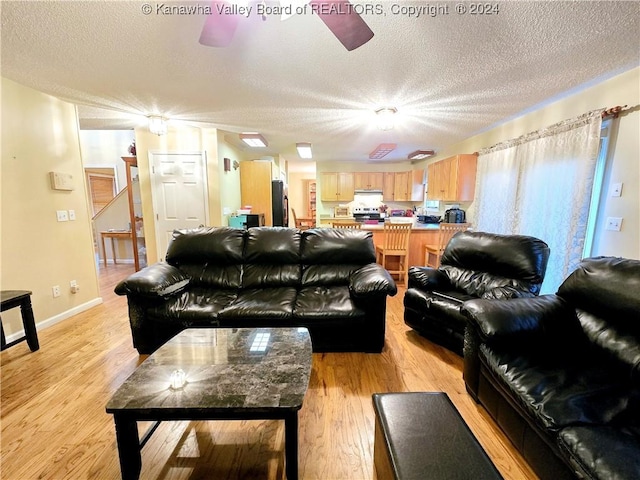 living room featuring a textured ceiling and light hardwood / wood-style floors