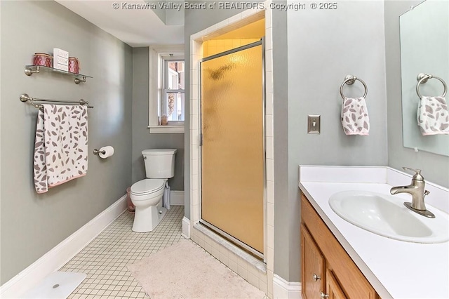 bathroom with baseboards, toilet, a stall shower, tile patterned floors, and vanity