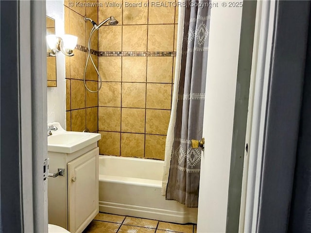 bathroom with tile patterned floors, vanity, and shower / bathtub combination with curtain