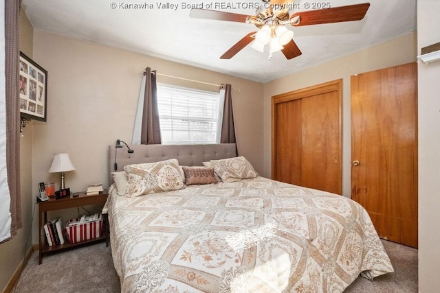 carpeted bedroom featuring ceiling fan