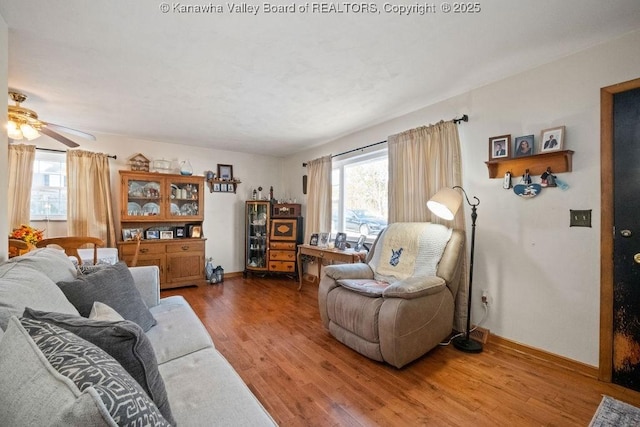 living room with hardwood / wood-style floors and ceiling fan