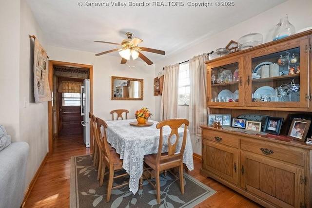 dining room with ceiling fan and light wood-type flooring