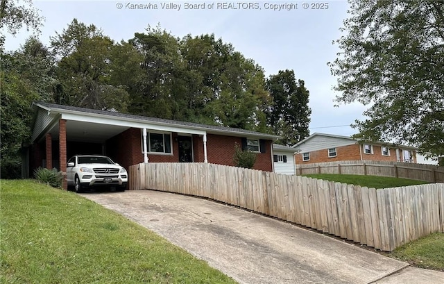 single story home with a carport and a front lawn