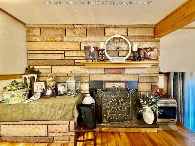 room details with hardwood / wood-style flooring and a fireplace