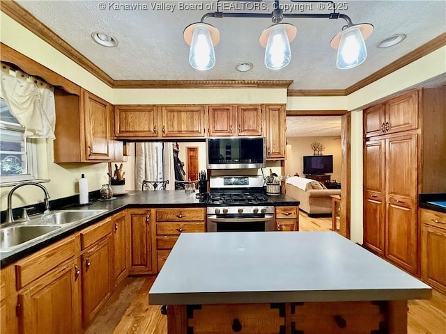 kitchen with sink, a kitchen island, decorative light fixtures, and appliances with stainless steel finishes