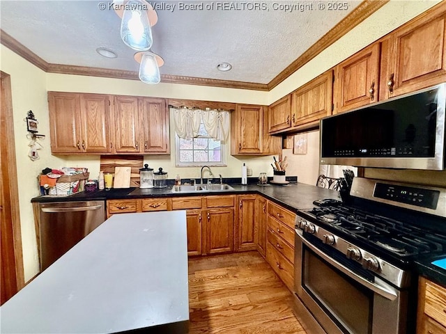 kitchen with ornamental molding, sink, light wood-type flooring, and appliances with stainless steel finishes