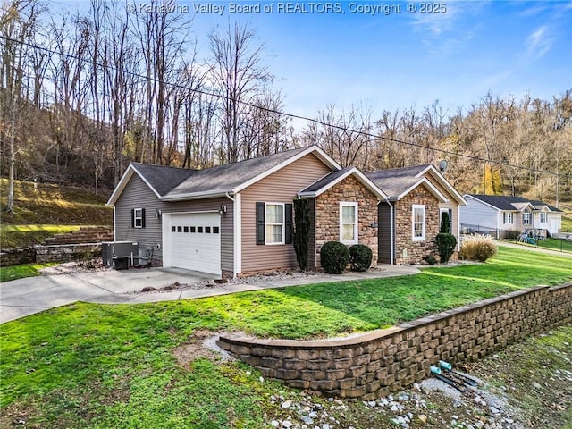 single story home featuring a garage, central air condition unit, and a front yard