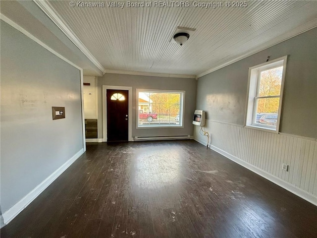 unfurnished room featuring dark hardwood / wood-style floors, ornamental molding, baseboard heating, and heating unit