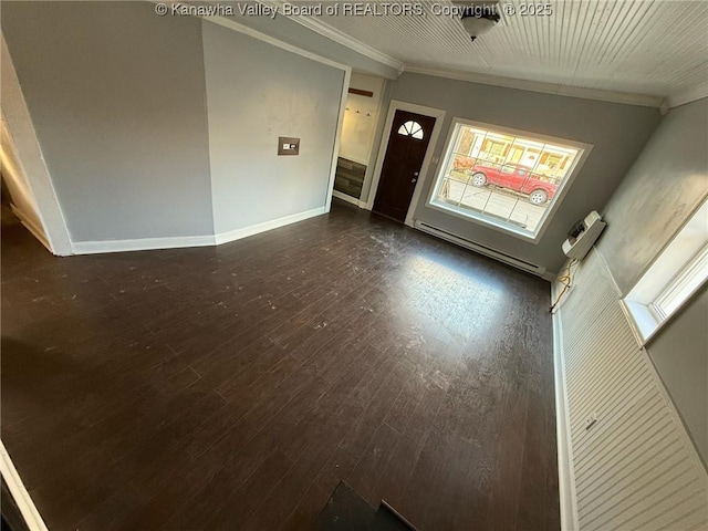 interior space featuring a wall unit AC, crown molding, dark wood-type flooring, and a baseboard radiator