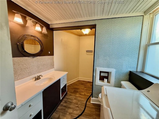 bathroom featuring vanity, toilet, wooden ceiling, and wood-type flooring