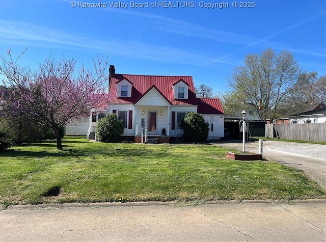 new england style home featuring a front yard and a carport