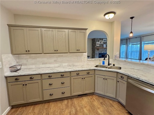 kitchen featuring pendant lighting, backsplash, stainless steel dishwasher, and sink