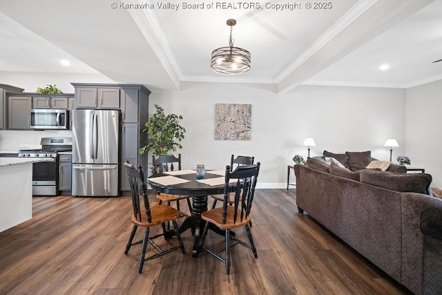 dining area featuring crown molding, dark hardwood / wood-style flooring, and beamed ceiling