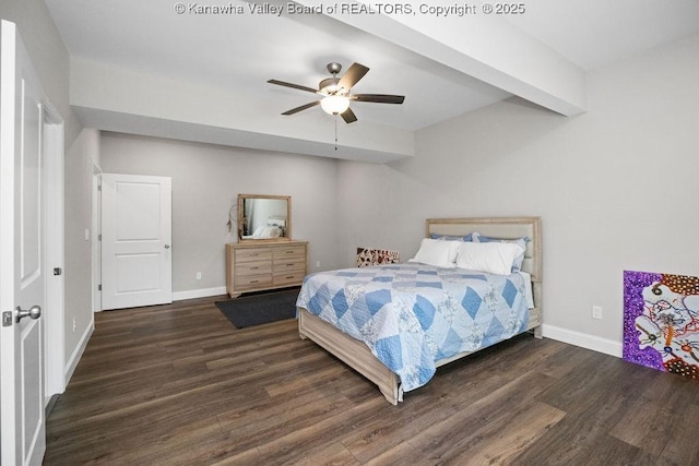 bedroom featuring beamed ceiling, ceiling fan, and dark hardwood / wood-style flooring