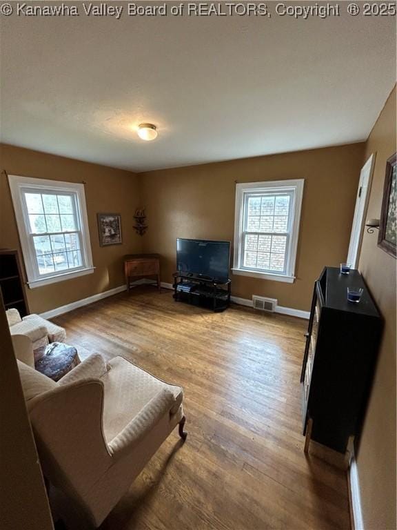 living room with a healthy amount of sunlight and hardwood / wood-style flooring