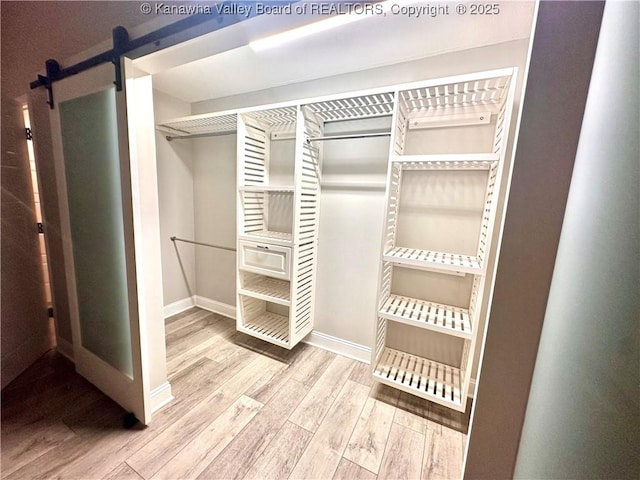 walk in closet with light wood-type flooring and a barn door