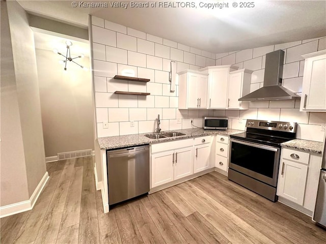 kitchen with sink, stainless steel appliances, white cabinetry, and wall chimney range hood