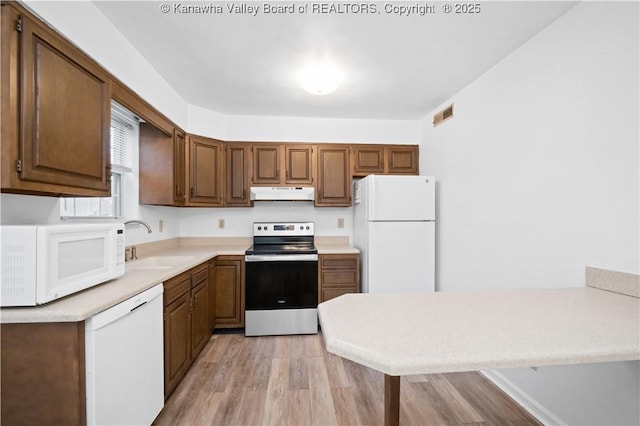 kitchen featuring sink, white appliances, and light hardwood / wood-style flooring