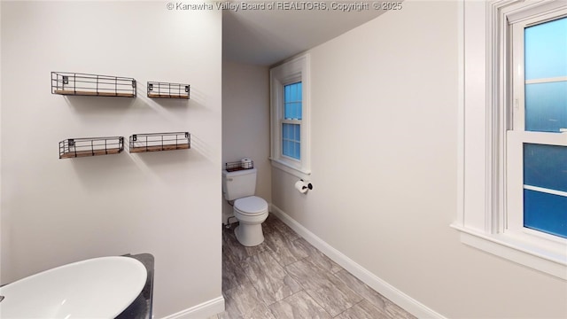 bathroom featuring hardwood / wood-style flooring, a washtub, and toilet