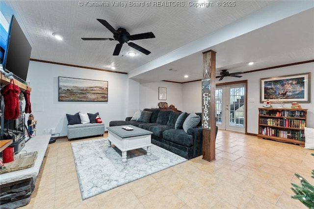 living room with french doors, ceiling fan, and crown molding