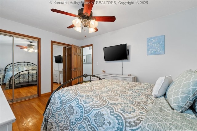 bedroom with ceiling fan, light hardwood / wood-style floors, and two closets