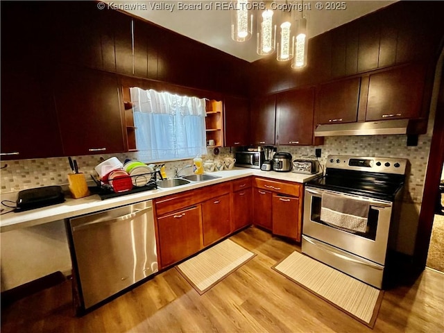 kitchen featuring backsplash, sink, light hardwood / wood-style floors, and appliances with stainless steel finishes