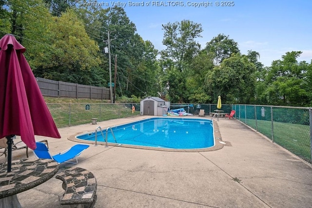 view of pool with a patio area and a storage shed