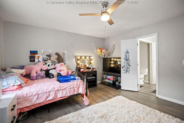 bedroom with ceiling fan, hardwood / wood-style floors, and ensuite bathroom