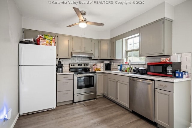 kitchen with backsplash, sink, stainless steel appliances, and light hardwood / wood-style flooring