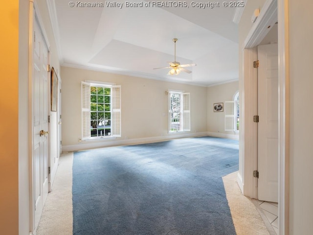 empty room with a raised ceiling, ceiling fan, light colored carpet, and ornamental molding