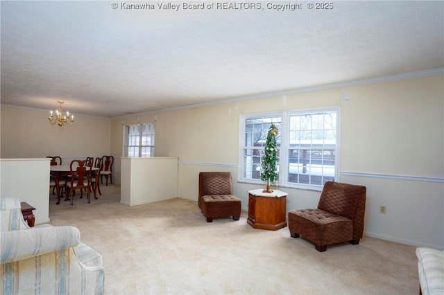 sitting room with a chandelier, crown molding, light colored carpet, and a healthy amount of sunlight