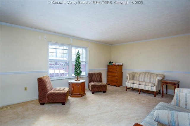 living area featuring crown molding and light carpet