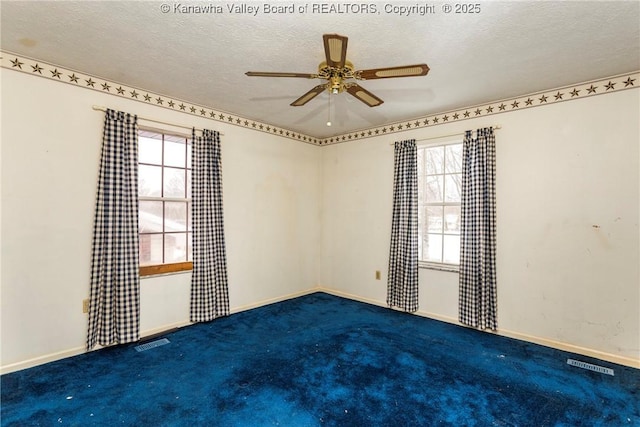 carpeted spare room with a textured ceiling, plenty of natural light, and ceiling fan