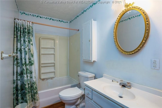 full bathroom with shower / tub combo, vanity, a textured ceiling, and toilet