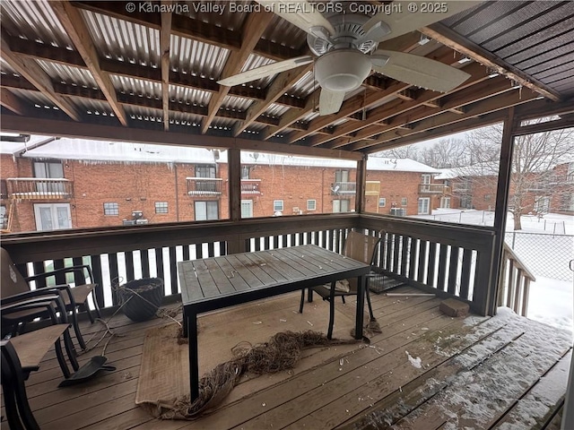 snow covered deck with ceiling fan