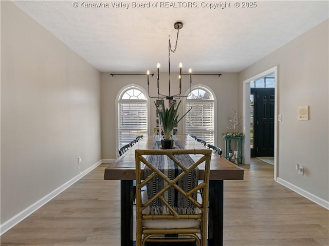 dining space featuring a notable chandelier and light hardwood / wood-style flooring