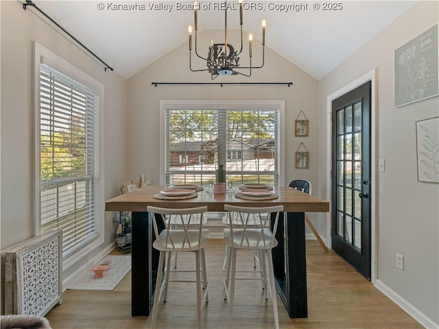 dining room with a notable chandelier, light wood-type flooring, and a wealth of natural light