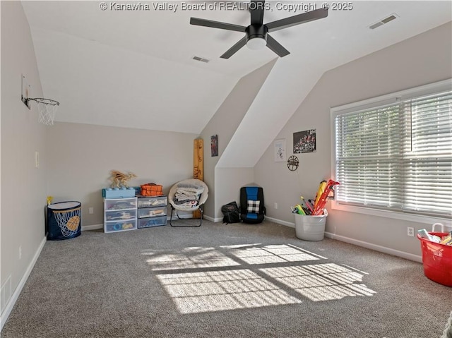 bonus room with carpet, ceiling fan, and lofted ceiling