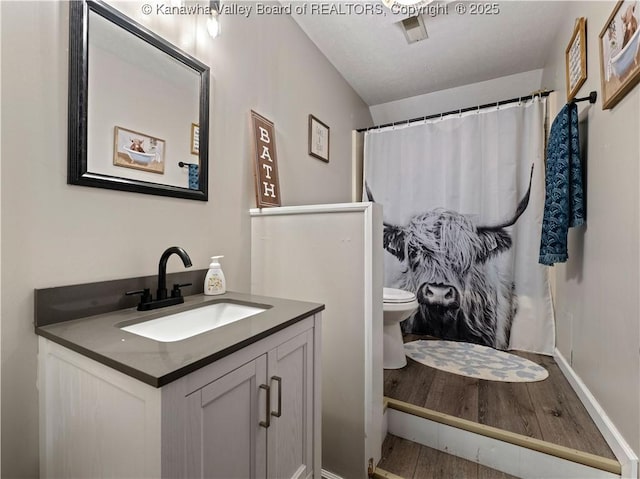 bathroom featuring curtained shower, hardwood / wood-style flooring, vanity, and toilet