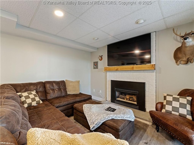 living room featuring a drop ceiling, wood-type flooring, and a fireplace