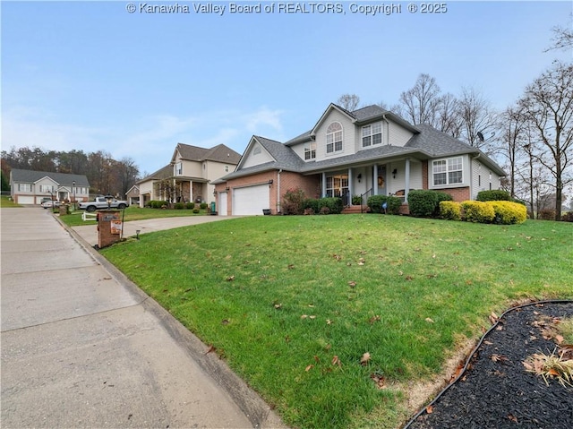 view of front of house with a porch, a front yard, and a garage