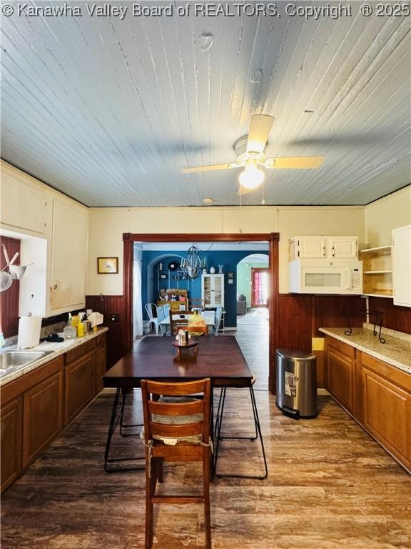 kitchen featuring ceiling fan, sink, hardwood / wood-style floors, and wood walls